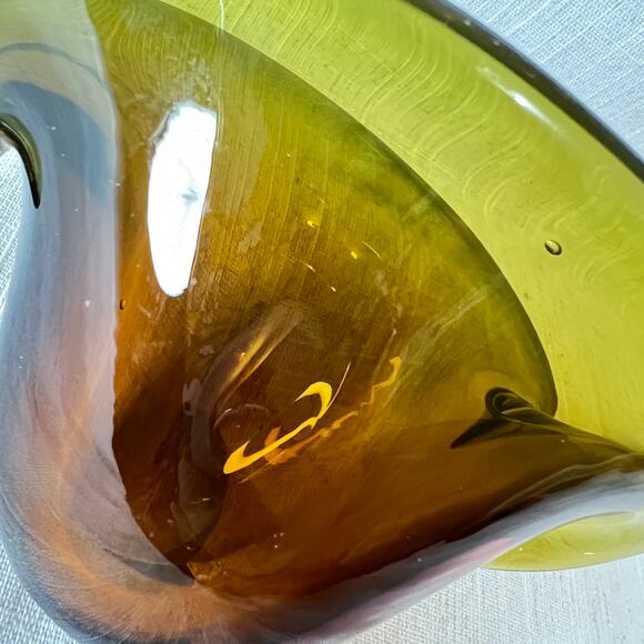 Mid Century Murano Style Yellow Ochre Art Glass Clam Shell Bowl Tilted Vase - Picture 9 of 12